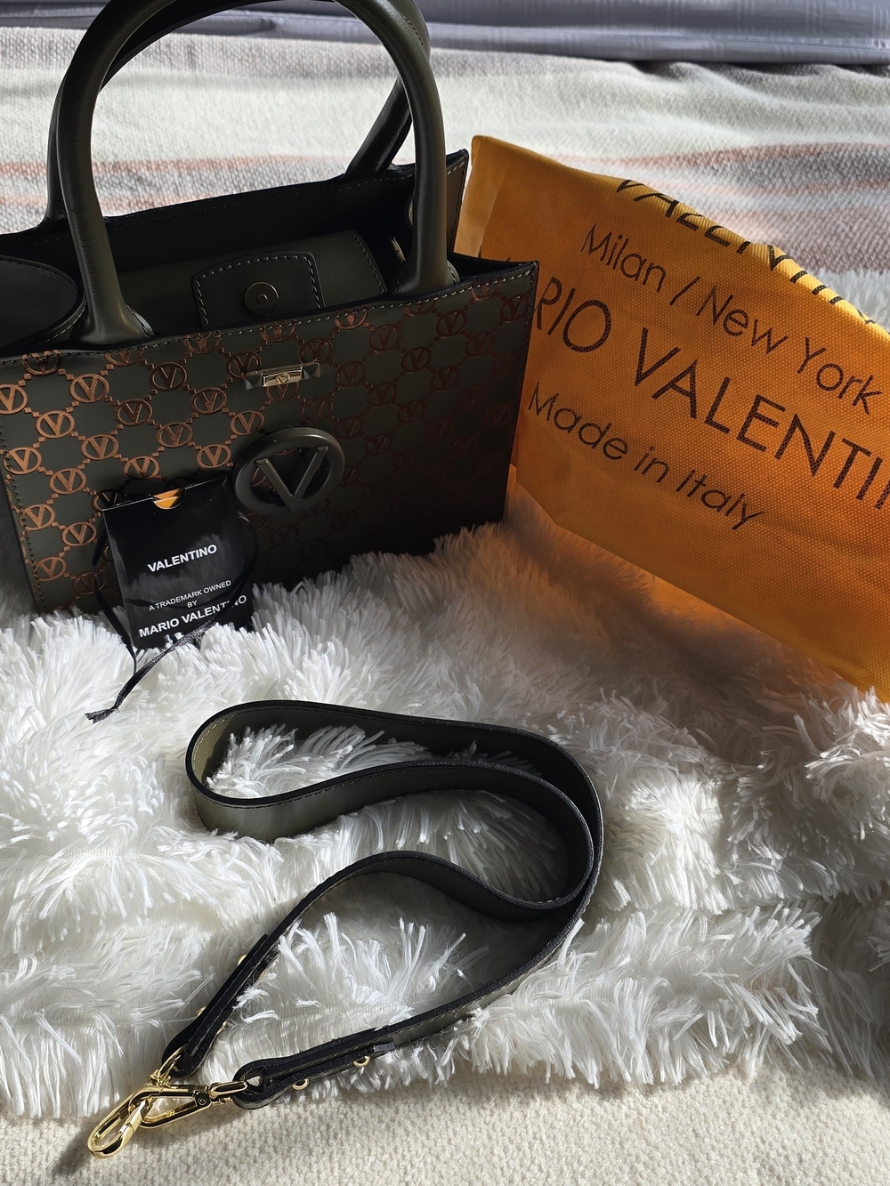 Valentino Olive Green Logo Tote Bag with Gold Hardware